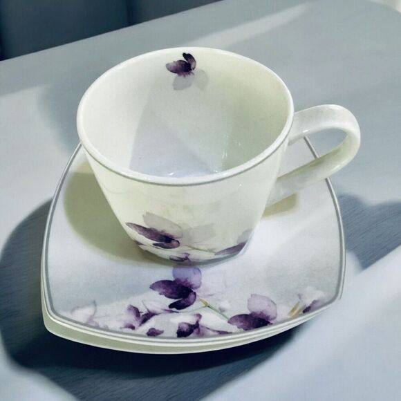 Nano Cups & Saucers Purple Floral Coffee Tea Dinnerware Set Of 2 - Picture 2 of 8
